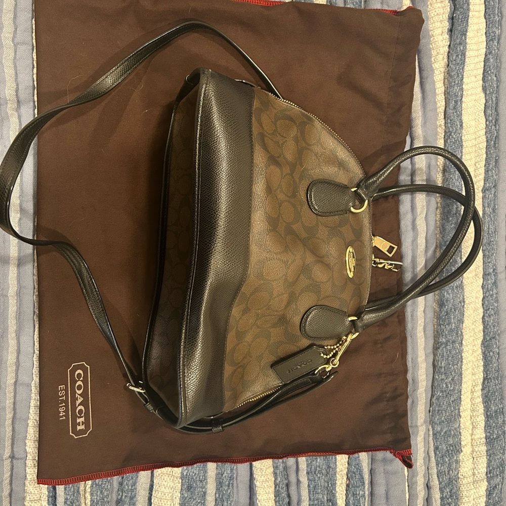 Coach Brown and Black Shoulder Bag with Structured Design